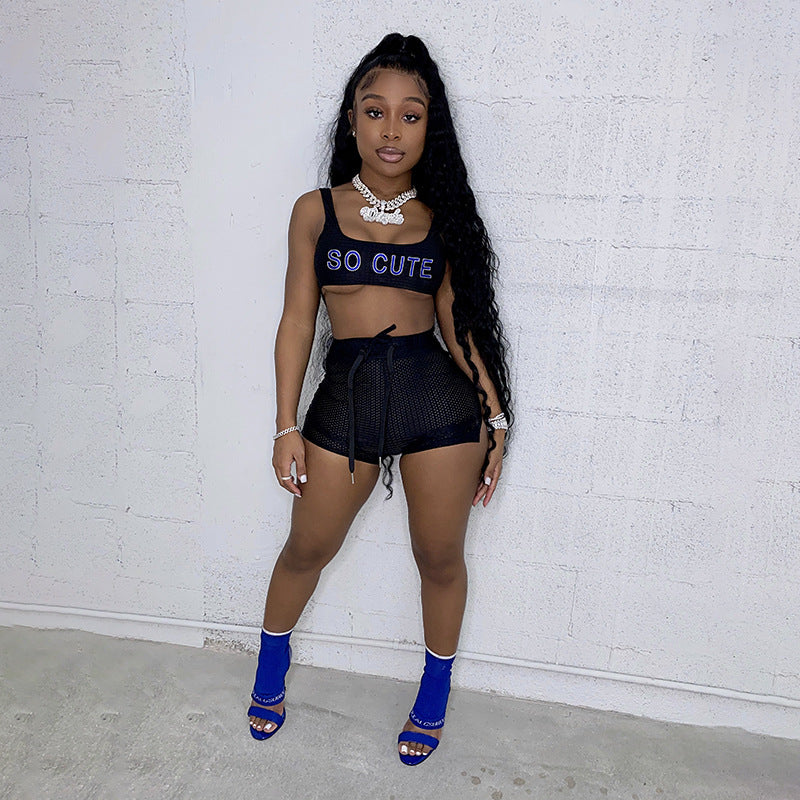 SO CUTE Printed Mesh Tank Top Shorts Slim Set