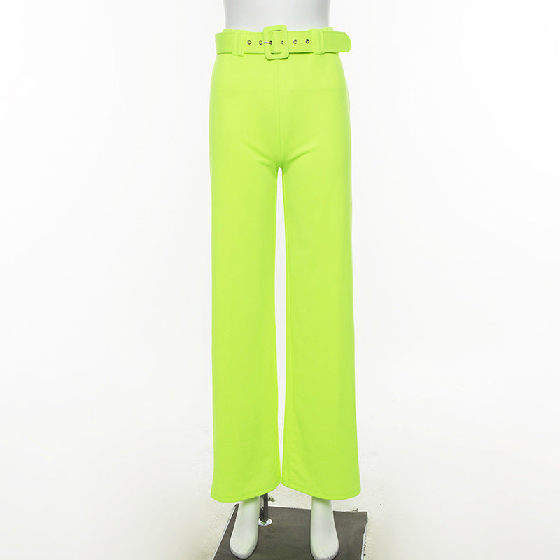 X00728C Neon Wide Leg Pants 2019 Summer Women High Waist Streetwear Festival Trousers Loose Black Clothes Office Ladies Belt