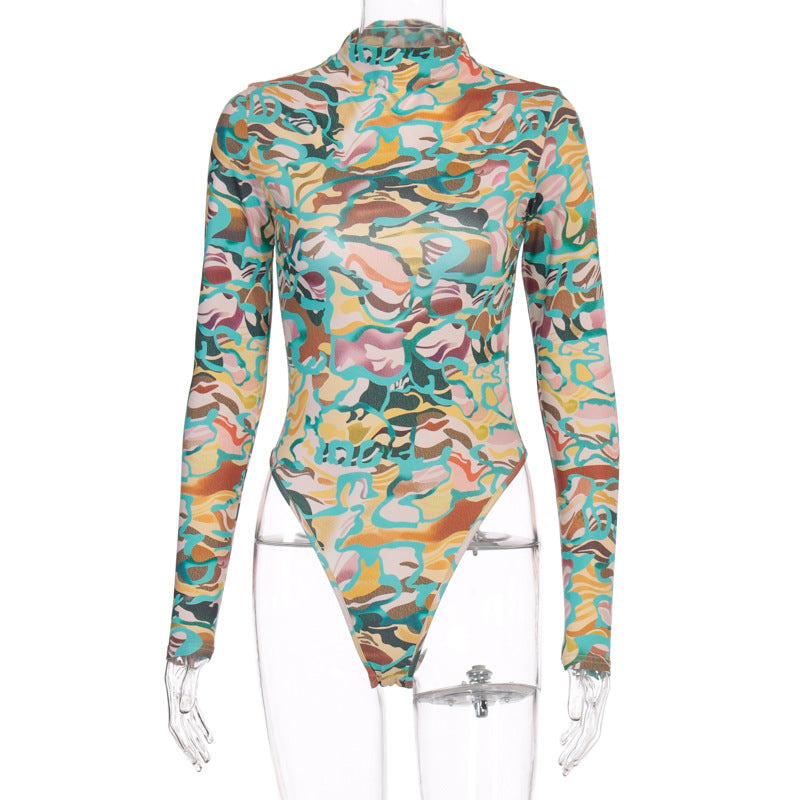 X00757C Backless Tie Dye Print Women Bodysuit Long Sleeve Fashion Sexy Party One Piece Romper 2021 Bodycon Clubwear Bodysuits