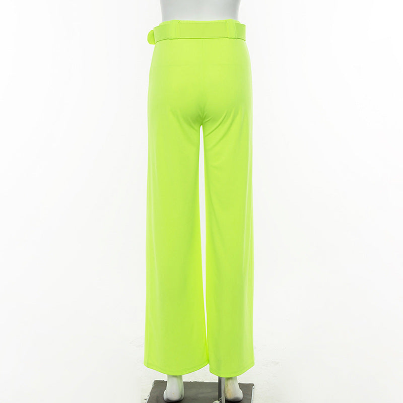 X00728C Neon Wide Leg Pants 2019 Summer Women High Waist Streetwear Festival Trousers Loose Black Clothes Office Ladies Belt