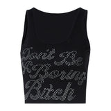 Sleeveless Letters Hot Rhinestones Tank Tops