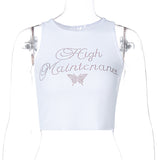 Letters Hot Rhinestones Bare Navel Tank Top