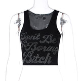 Sleeveless Letters Hot Rhinestones Tank Tops