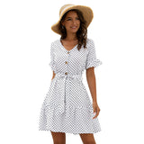 2020 v neck button polka dot short sleeve mini ropa mujer dress dresses women casual summer