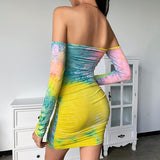 2020 Autumn New tie-dye sexy women dress+Pleated skirt with long sleeves and shoulders