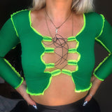 X00800M New style hollowed-out long-sleeved T-shirt tops sexy women tops bodycon green casual tops hot