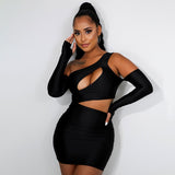 2020 autumn winter new sexy oblique shoulder hollowed-out long sleeve finger dress women in stock