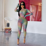 2020 mesh perspective color striped jumpsuit