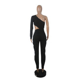 2020 summer womenswear sexy solid color stitching single sleeve hollowed-out jumpsuit