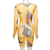 Phoenix Fashion sexy print long sleeve dress+Sexy hollow-out see-through mesh slim printed dress