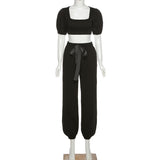 X00494V New 2021 autumn/winter Women's new square-necked T-shirt high-waisted and corseted trouser suit