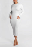 Elegant Ribbed Knitted Midi Dress Women Long Sleeve 2020 Fall Solid Round Neck Backless Cut-Out Dresses Club Party