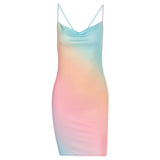 2020 New Rainbow Gradient Tie Dye Cowl Neck Bodycon Dresses For Women Club Party Sexy Backless Camisole Evening Dress