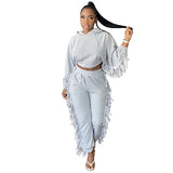 2021 hot style Tassel crop bat sleeve hoodie suit casual fashion women's 2 pieces set plus size in stock