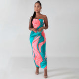 Hot style strapless dress 2021 summer new fashion sexy print MIDI skirt