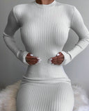 Elegant Ribbed Knitted Midi Dress Women Long Sleeve 2020 Fall Solid Round Neck Backless Cut-Out Dresses Club Party