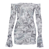 New summer woman clothing sexy fashion dollar print see through dress 2 piece skirt set