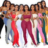 2 Two Piece Set Women Crop Top And Stacked Ruched Split Hem Flare Pants Sexy Tracksuit