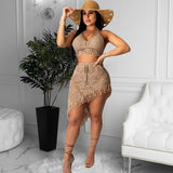 X00174L 2021 Autumn Sexy handmade crochet tassel casual suit+Beach swimsuit smock