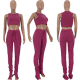 X00235L 2021 new sexy women two-piece sets + Solid-color belt bell-bottom sets+crop top and pantsuits