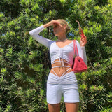 X00565M Fashionable and sexy long sleeve pleated butterfly suit with crop top and shorts casual suit