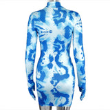 new women's tie-dye dress for autumn 2020 Long - sleeved stand-up collar sexy slim