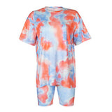 Ready to ship summer tie dye print casual woman clothing tshirt two piece short set