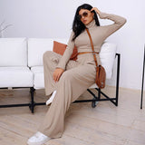 Fashionable long - sleeved high - necked wide - leg trouse+Solid color slim long sleeve trousers two-piece set