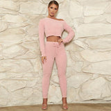 X01095M Casual long sleeve crop navel tops trousers two piece set Solid color woollen knitted suit in stock