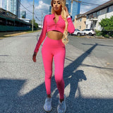 X01633C Phoenix Finger Hole Solid Sporty 2 Piece Set Women Zipper Skinny Crop Top Leggings Autumn Casual Outfit Fitness Workout