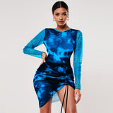 Fashion irregular hot sale women jumpsuits sexy tie-dye gauze perspective dress long sleeve top and mini skirt