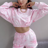 X00334L Phoenix New arrival sport women two-piece set+Fashion tie-dye long sleeve crop top drawstring shorts suit