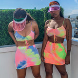 Hot Tie-dye Printed Sexy Two Piece Set Spaghetti Strap Sleeveless Crop Top And Short Skirts Tracksuit Mini