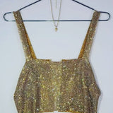 Sexy Women Shiny Tank Top Gold Sequined Metal Diamonds Crop Tops Vest Tee Shirt Glitter Crystal Nightclub