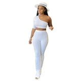 X01362C New women's fashion rib crop irregular top high waist tight trouser suit