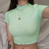 X00144M Summer girls round neck slimming T-shirt Casual sweet crop top Skinny Bodycon soild vest