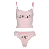 angel print lace spaghetti strap woman crop top underwear two piece sets leisure beach vacation sexy outfit mujer