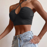 X00181C Cut-Out Sexy Backless Tip Up Halter Crop Tops for Women Fashion Sleeveless Strapless Tank Top Slim Short Vest