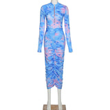 Phoenix 2020 Foreign Trade Autumn/winter long-sleeved half-necked slim printed hip-hugging dress