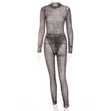 Phoenix Sexy mesh suit for women 2020 Autumn/winter long sleeve round neck jumpsuit perspective trousers