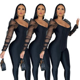 threaded jumpsuits slim long sleeve jumpsuit Bubble shoulder sleeve mesh patchwork jumpsuit