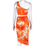 X00470L Phoenix Tie-dyed single shoulder back heart top slit irregular MIDI dress casual suit