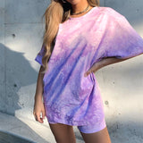 Ready to ship summer tie dye print casual woman clothing tshirt two piece short set