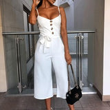 Summer Sexy Jumpsuits Women Rompers Elegant Belt Bandage Buttons Casual Wide Leg Pant Jumpsuit Overalls