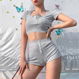 Solid Color Exposed Navel T-shirt Casual Wild O Neck Button Details Hight Waist Short Pants 2 Pieces Set Women Suit