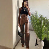 X00749L Fashion minority design sense of double pocket long leather pants sexy slim personality PU leather pants woman