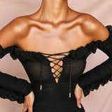 2020 Fashionable new gauze flounces bodycon long sleeve deep V hollowed-out lace-up dress