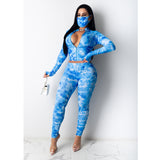 X00813M Phoenix long sleeve button sexy casual two-piece Tuck tie-dye leisure sports two - piece set