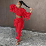 2021 hot style Tassel crop bat sleeve hoodie suit casual fashion women's 2 pieces set plus size in stock