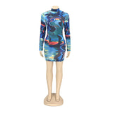 Phoenix Fashion sexy print long sleeve dress+Tight bag hip tie-dye print long sleeve dress